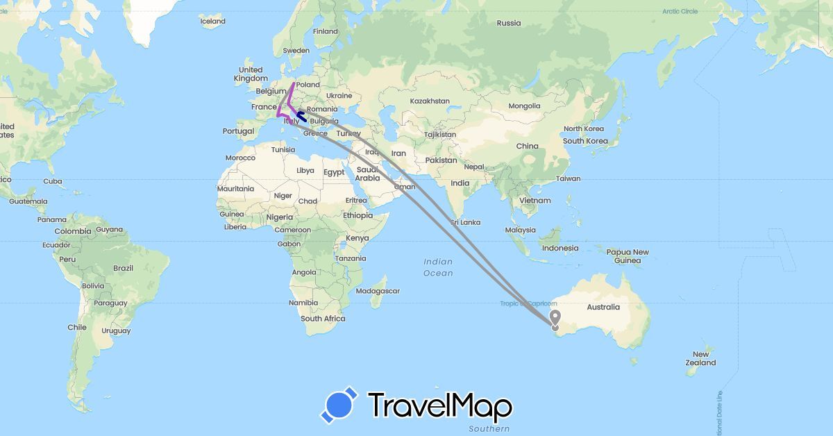 TravelMap itinerary: driving, plane, train in Austria, Australia, Bosnia and Herzegovina, Switzerland, Germany, France, Croatia, Italy (Europe, Oceania)